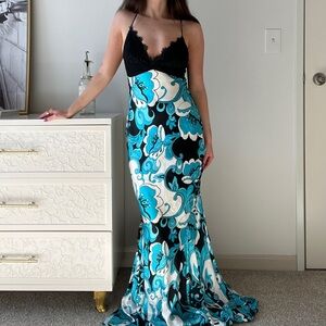 Elegant Black and Blue Floral Maxi Dress